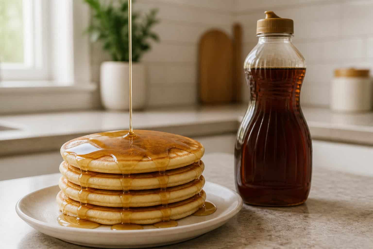 A bottle of pancake syrup beside a stack of pancakes, with syrup poured over the top.