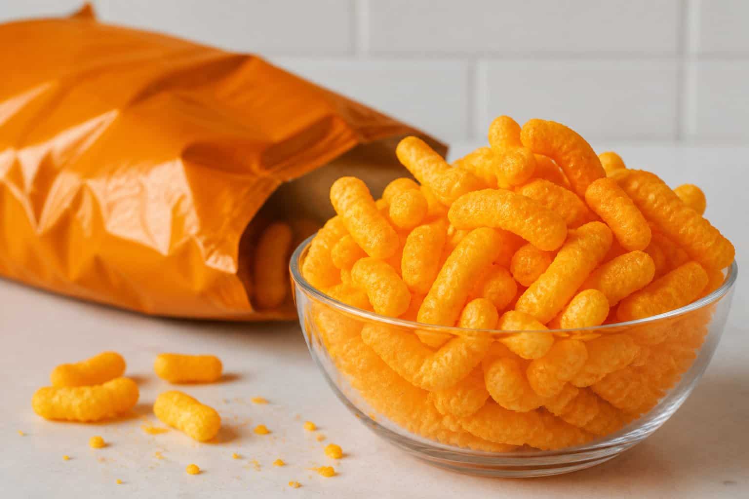 A bowl of orange cheese puffs beside a plain orange snack bag on a kitchen counter.
