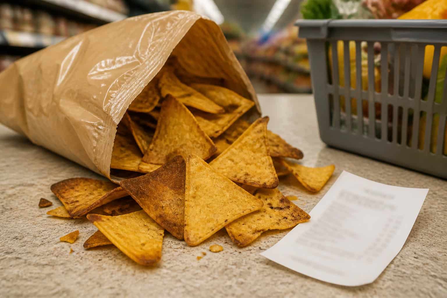 An open snack bag spills uneven tortilla chips onto a kitchen counter.