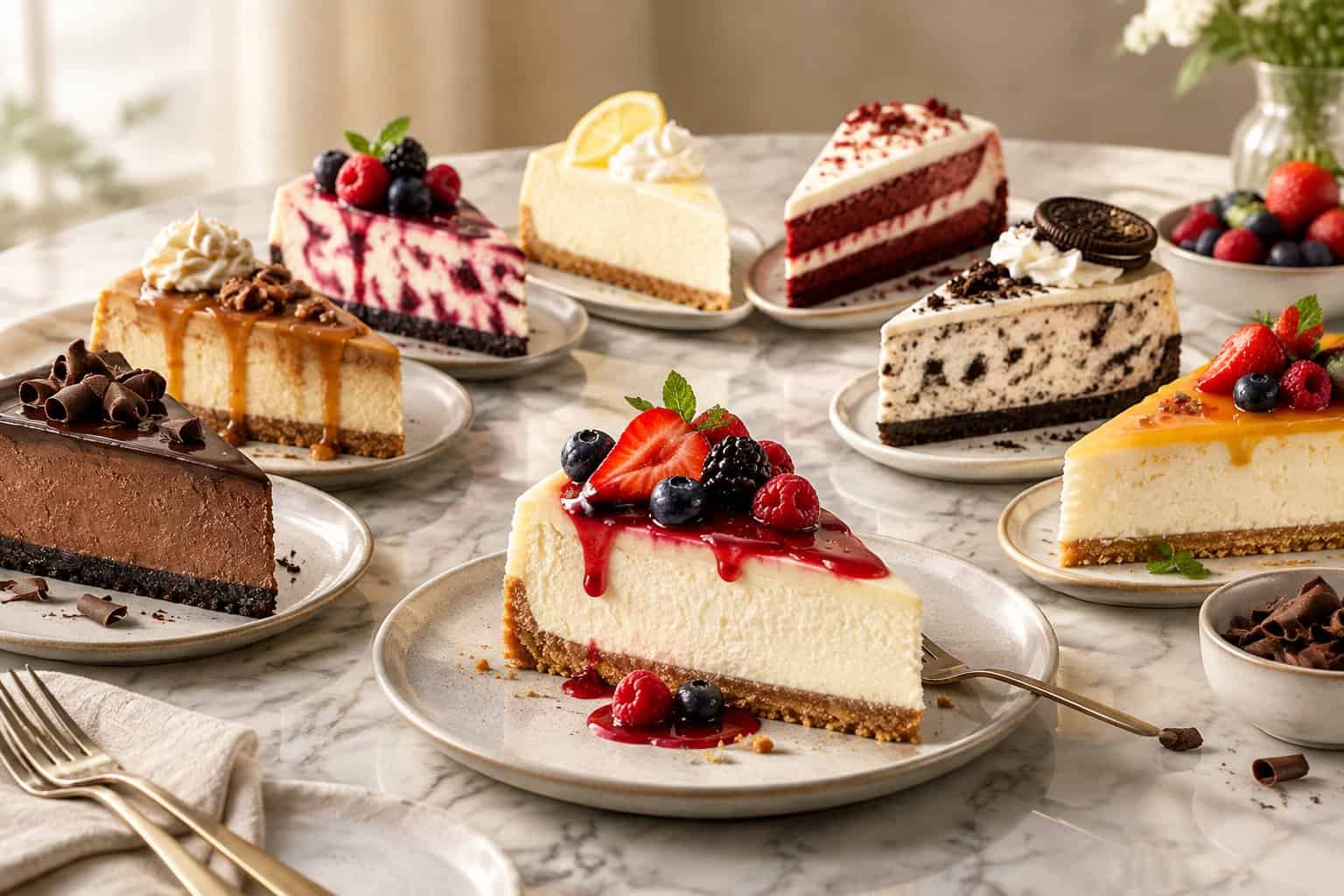 An assortment of decorated cheesecake slices arranged on a marble dessert table.