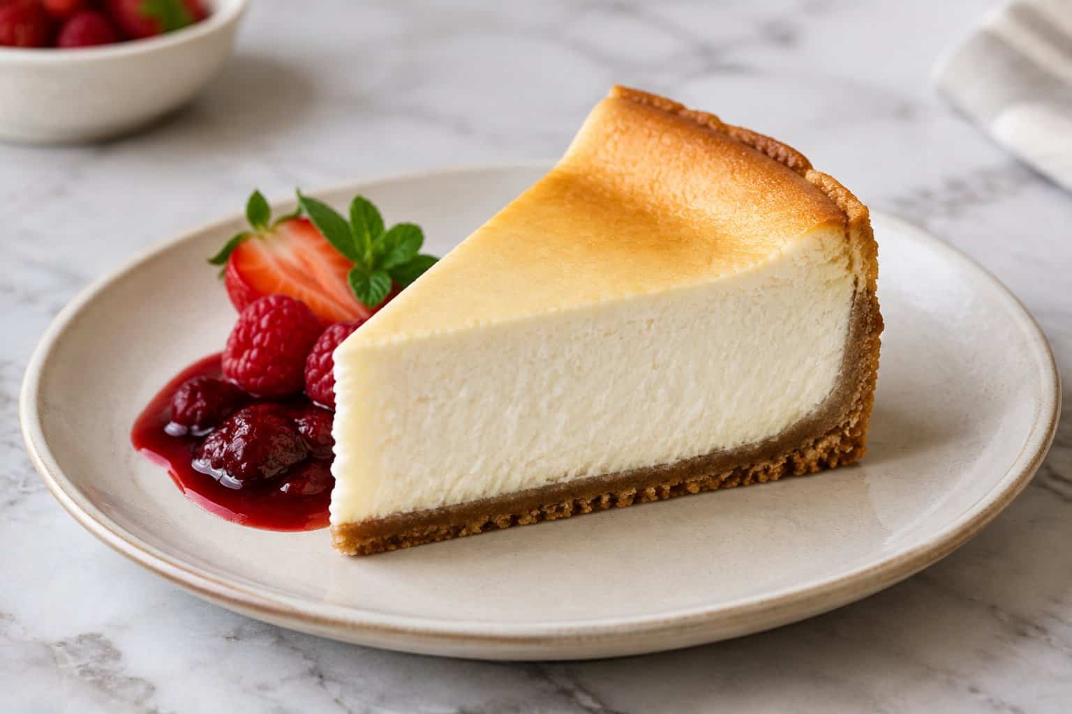 A slice of classic cheesecake on a plate with berry sauce and fresh berries.