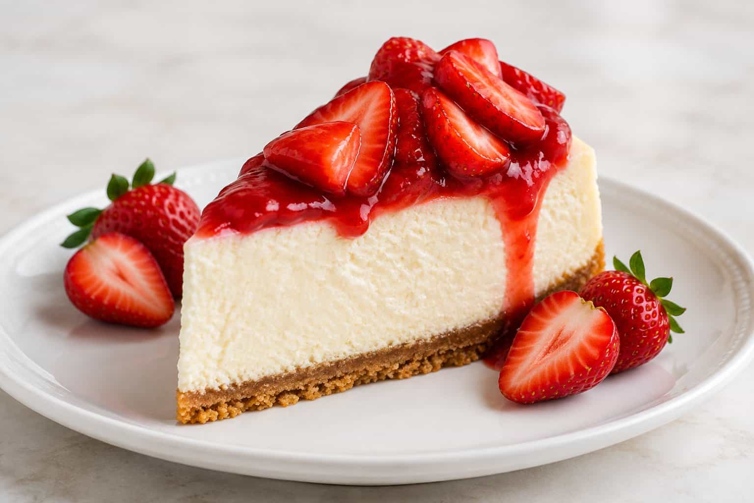 A slice of creamy strawberry cheesecake topped with fresh strawberries and strawberry sauce on a white plate.