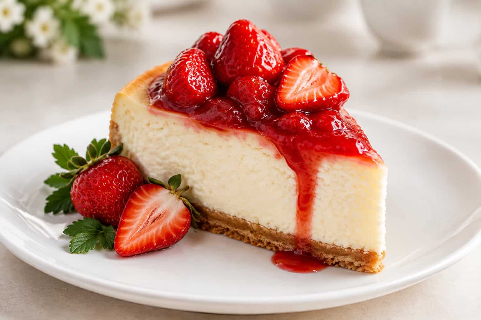 A slice of cheesecake topped with strawberry sauce and fresh strawberries on a white plate.