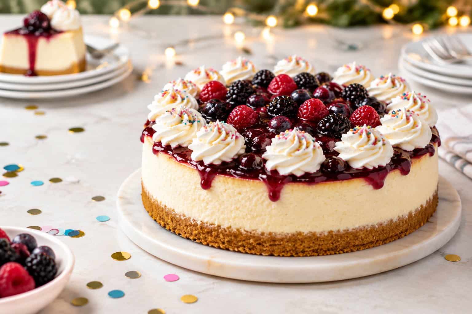 A decorated berry-topped cheesecake on an elegant table with soft celebratory lights in the background.