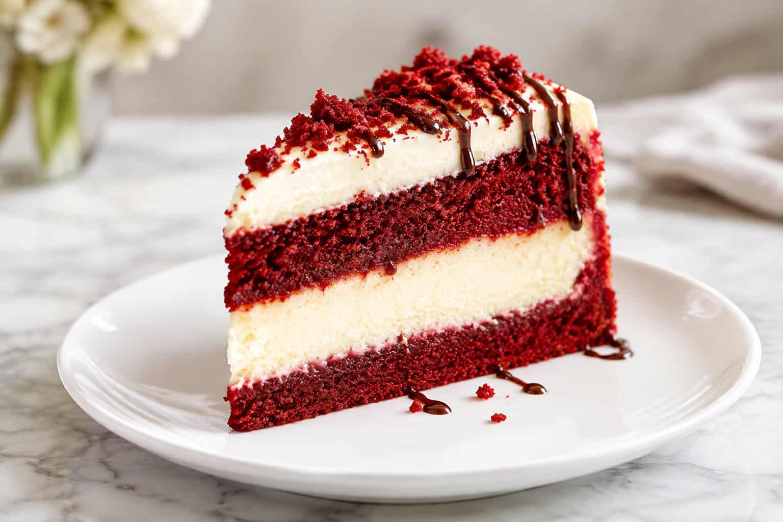 A tall slice of red velvet cheesecake with creamy layers, white frosting, and red velvet crumbs on a white plate.