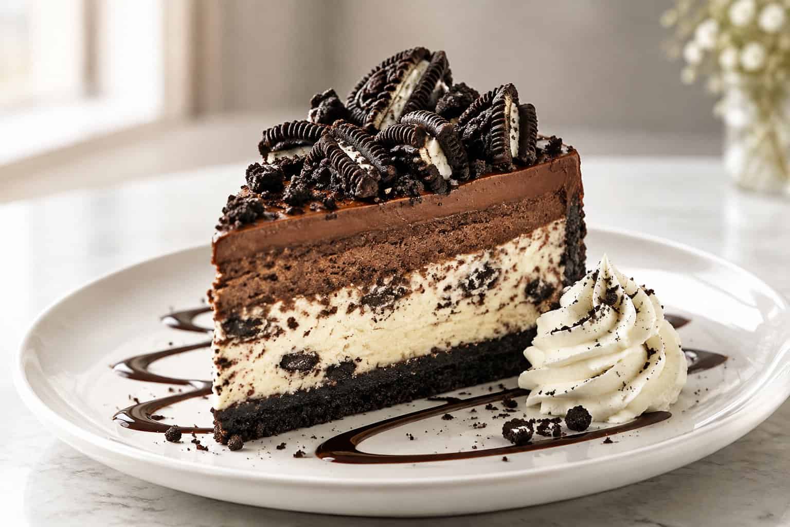 A tall slice of chocolate and vanilla cheesecake topped with whipped cream, chocolate drizzle, and crushed sandwich cookies.