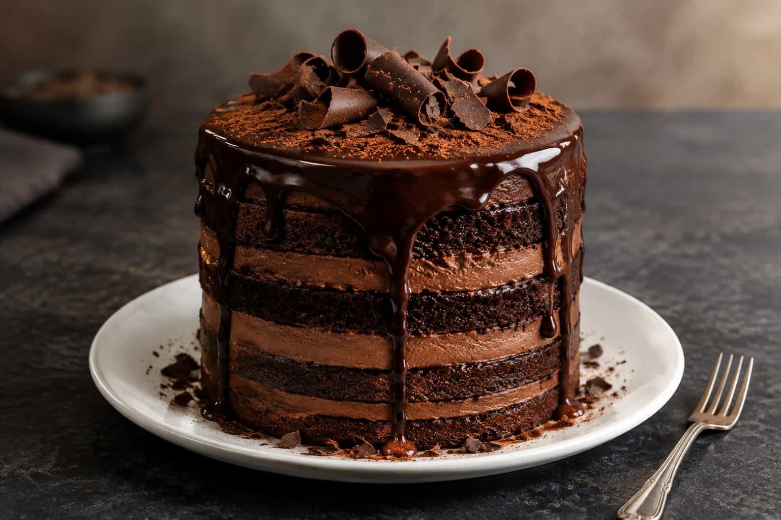 A tall layered chocolate truffle cake topped with chocolate curls on a white dessert plate.