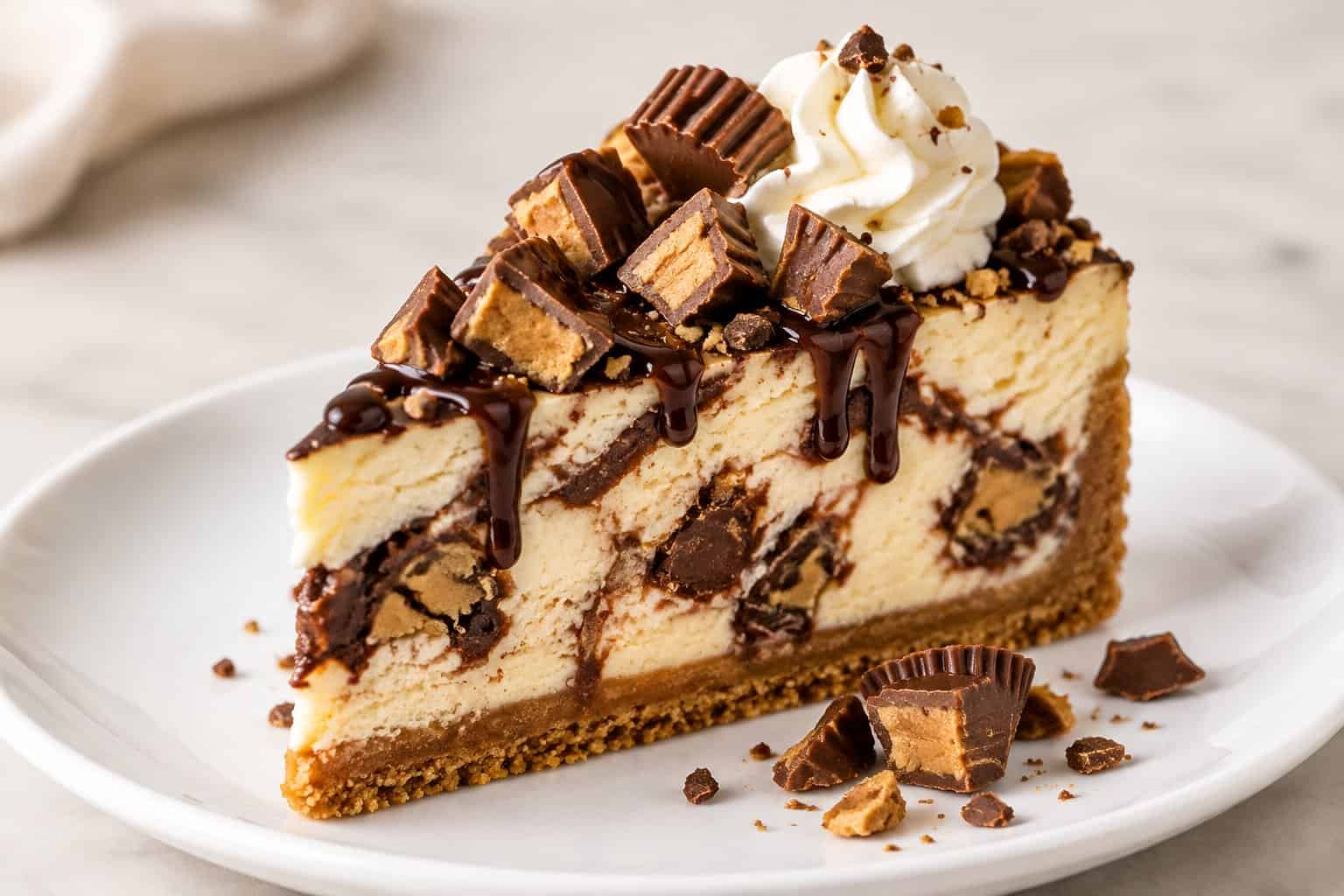A slice of chocolate fudge ripple cheesecake with peanut butter cup pieces, chocolate drizzle, and whipped cream on a white plate.
