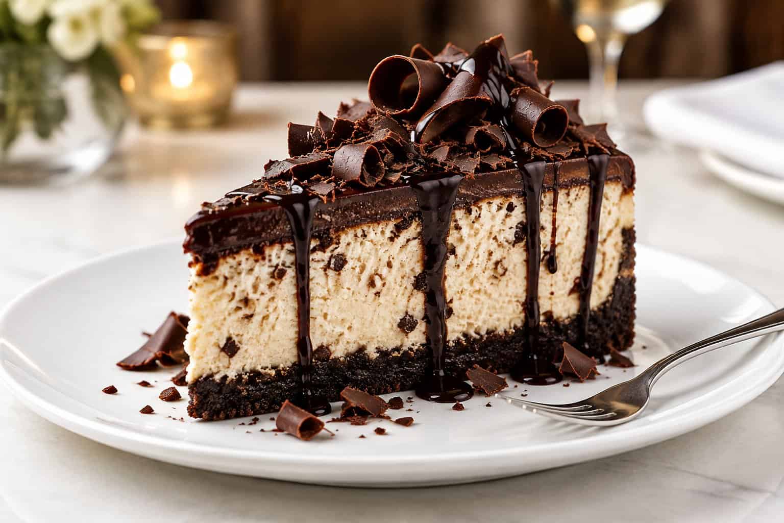 A decadent slice of chocolate cheesecake topped with chocolate sauce, curls, and shavings on a white plate.