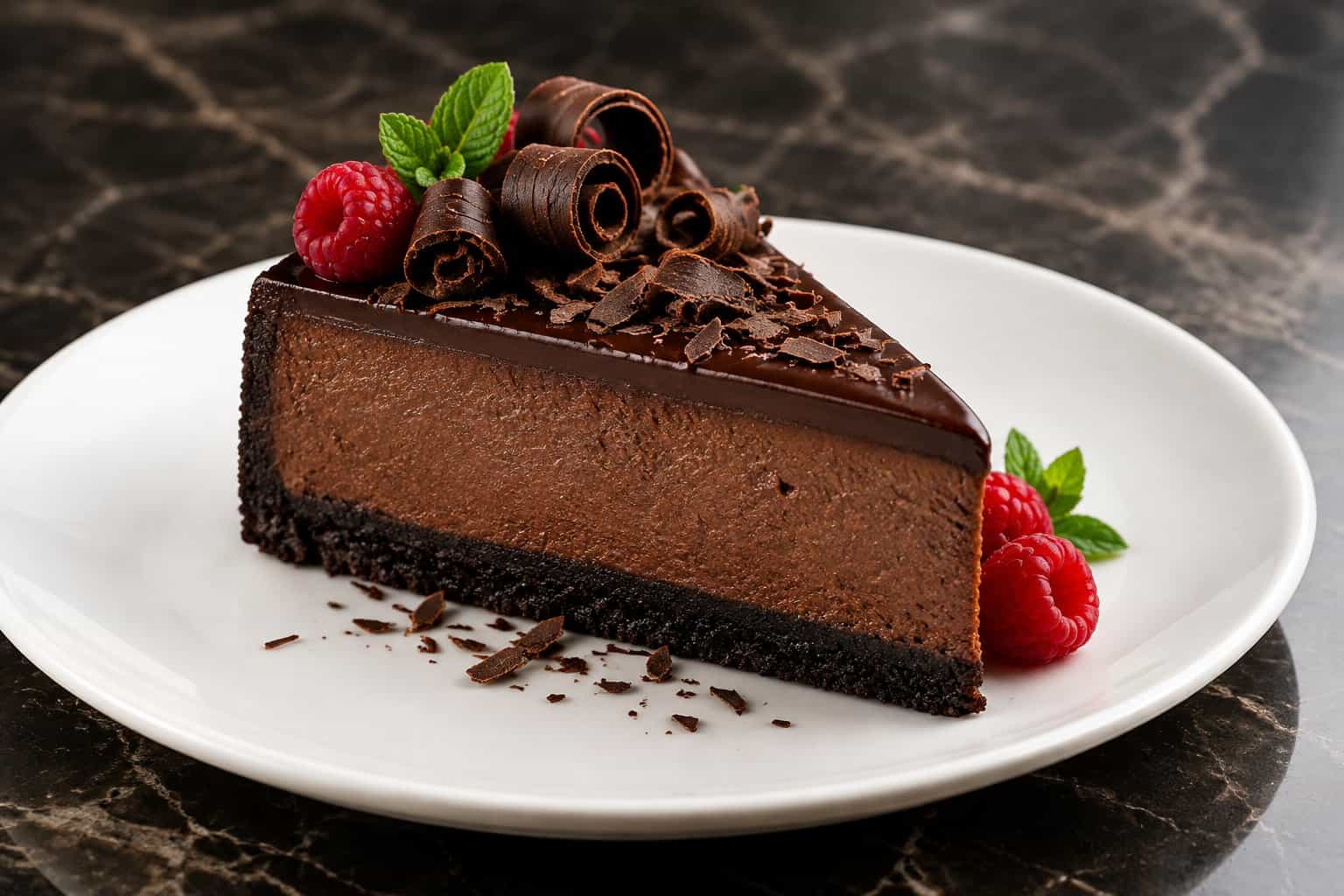 A slice of chocolate cheesecake with ganache, chocolate shavings, raspberries, and mint on a white plate.