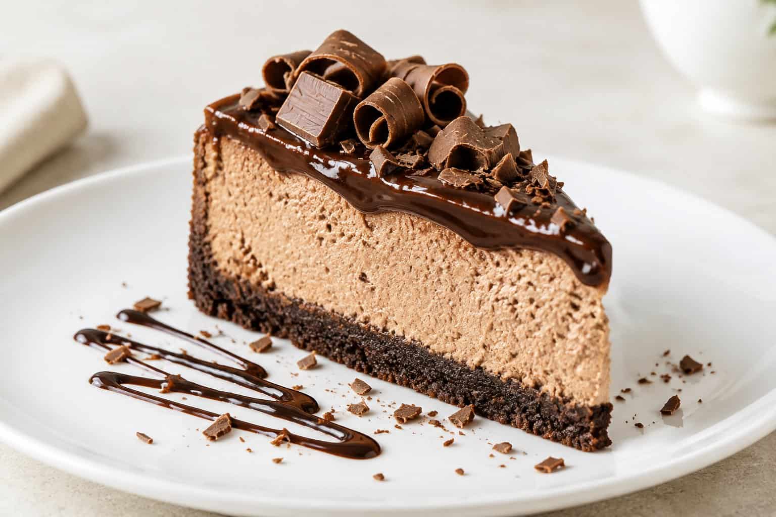 A slice of layered chocolate cheesecake topped with chocolate ganache, curls, and chunks on a white plate.