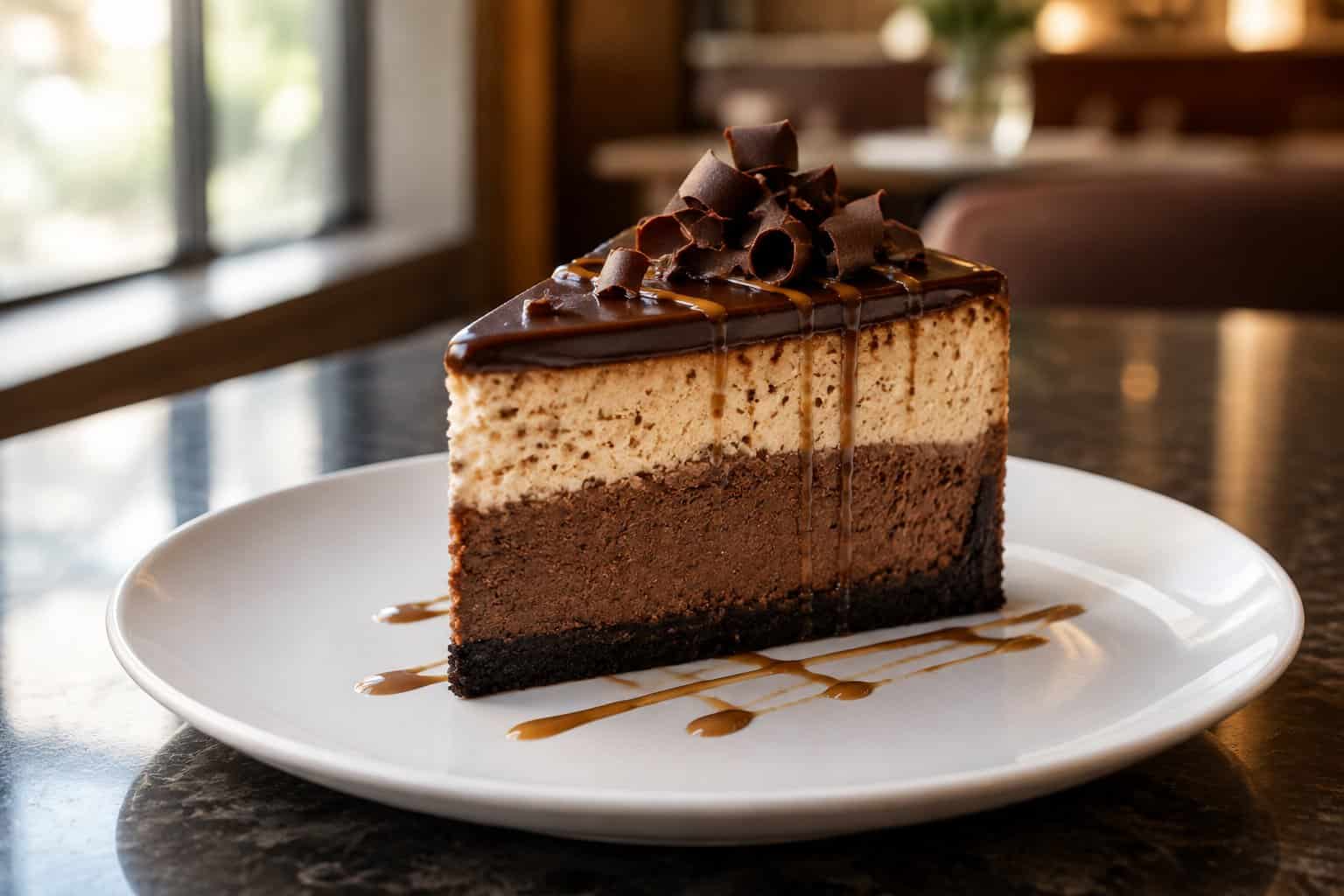 A slice of layered chocolate coffee cheesecake topped with chocolate ganache and curls on a white dessert plate.