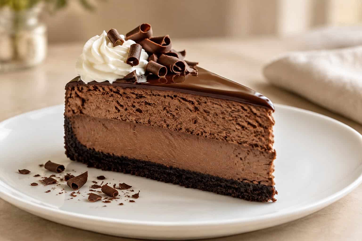 A slice of layered chocolate mousse cheesecake with chocolate ganache, curls, and whipped cream on a white plate.