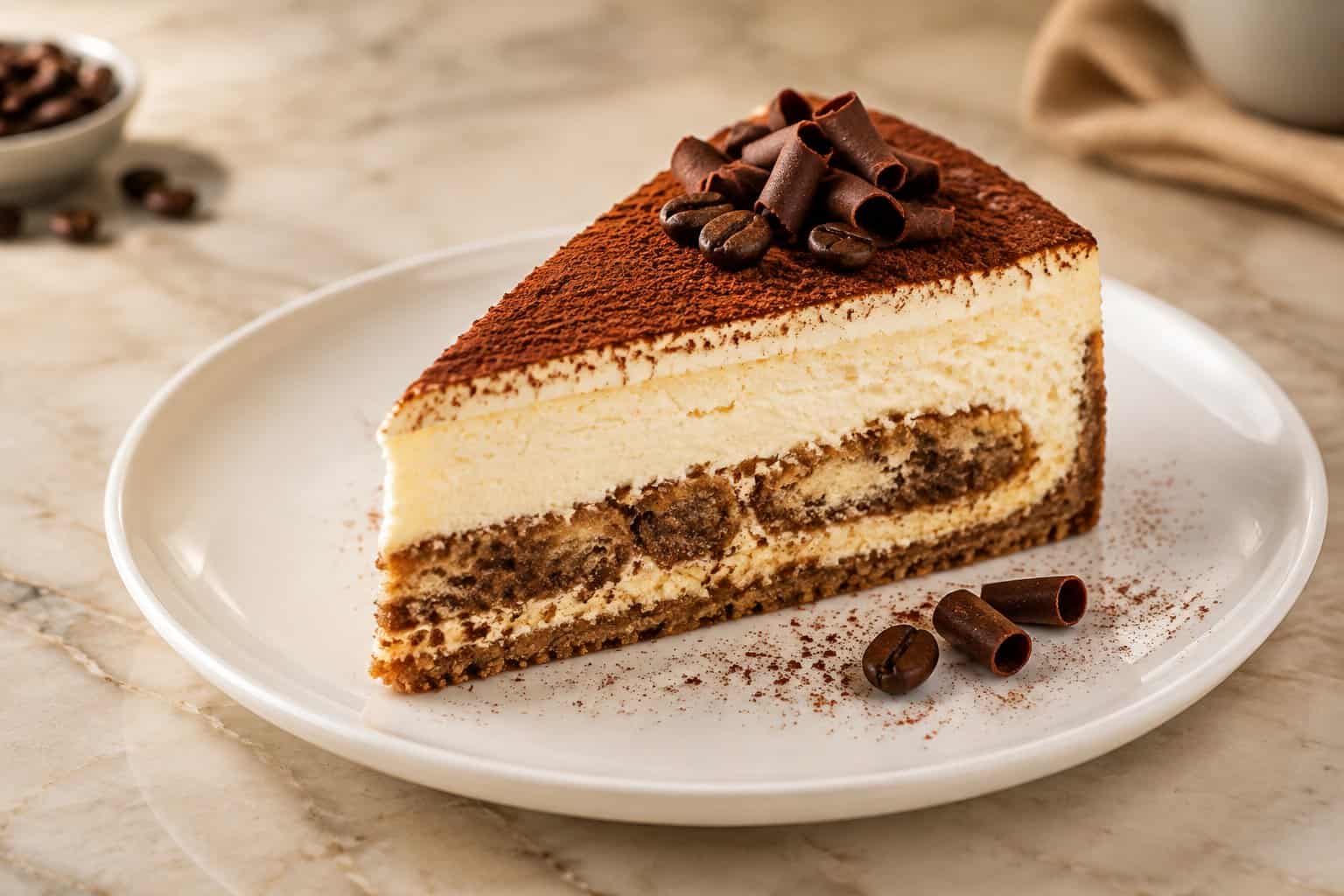 A slice of tiramisu cheesecake with creamy layers, cocoa dusting, chocolate curls, and espresso beans on a white plate.