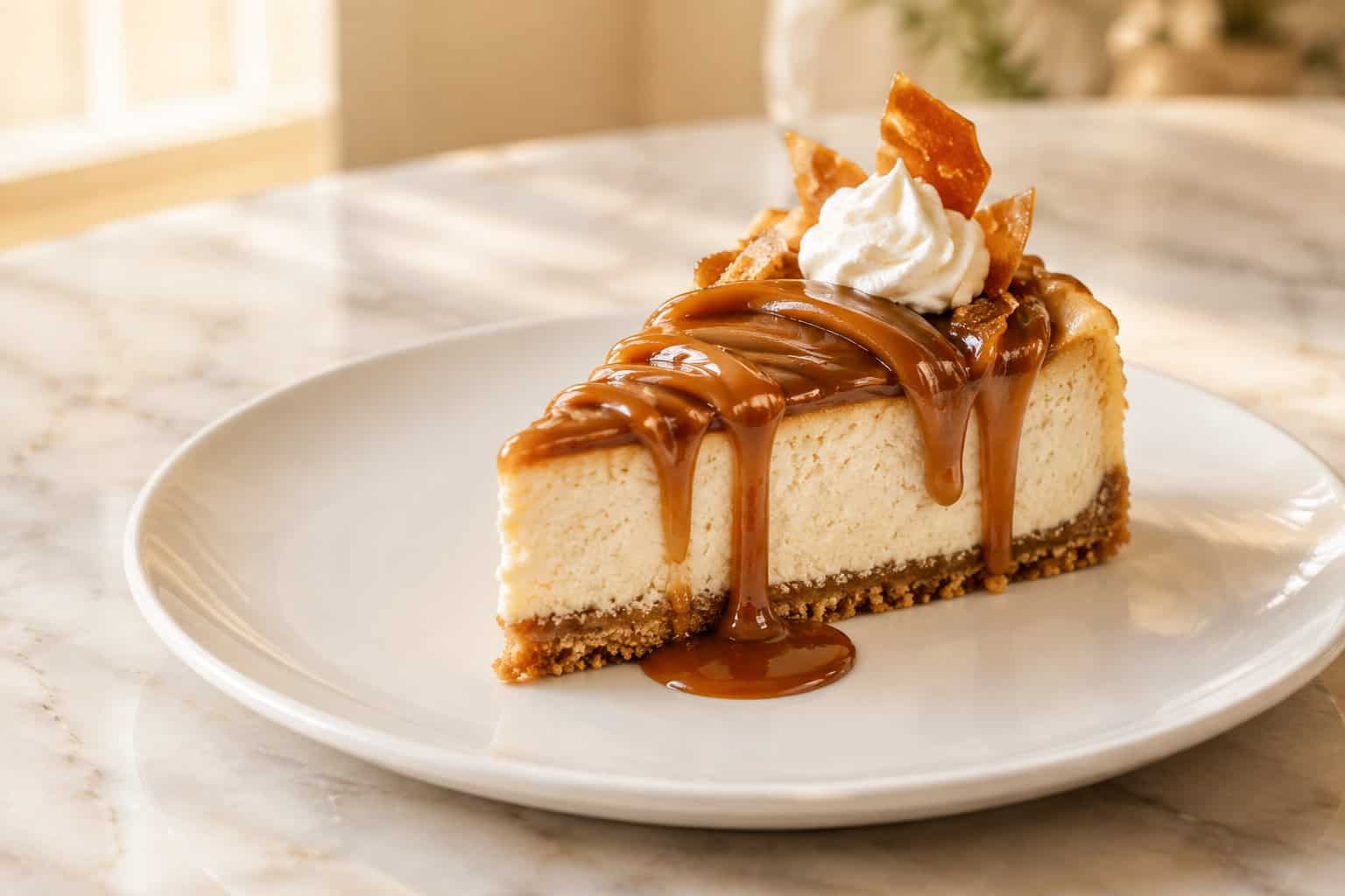 A slice of dulce de leche cheesecake topped with caramel sauce and whipped cream on a white plate.