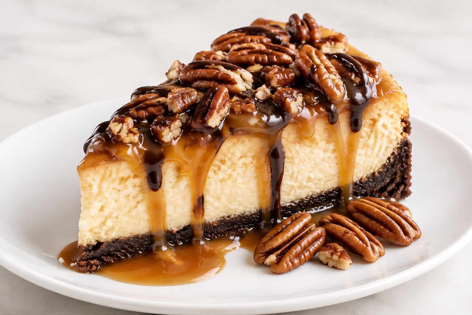 A slice of caramel pecan turtle cheesecake topped with caramel, chocolate drizzle, and pecans on a white plate.