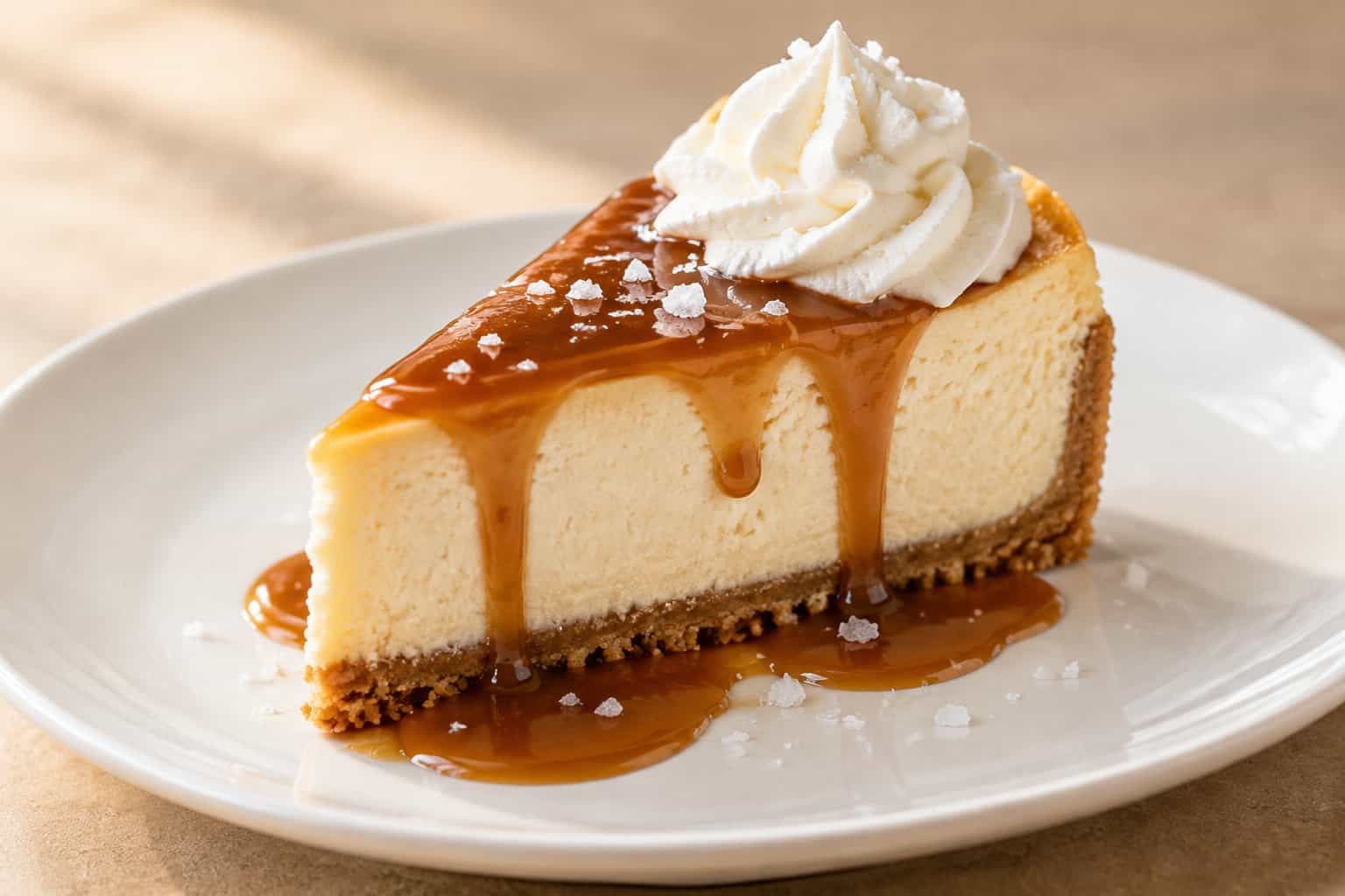 A slice of salted caramel cheesecake with whipped cream and caramel sauce on a white plate.