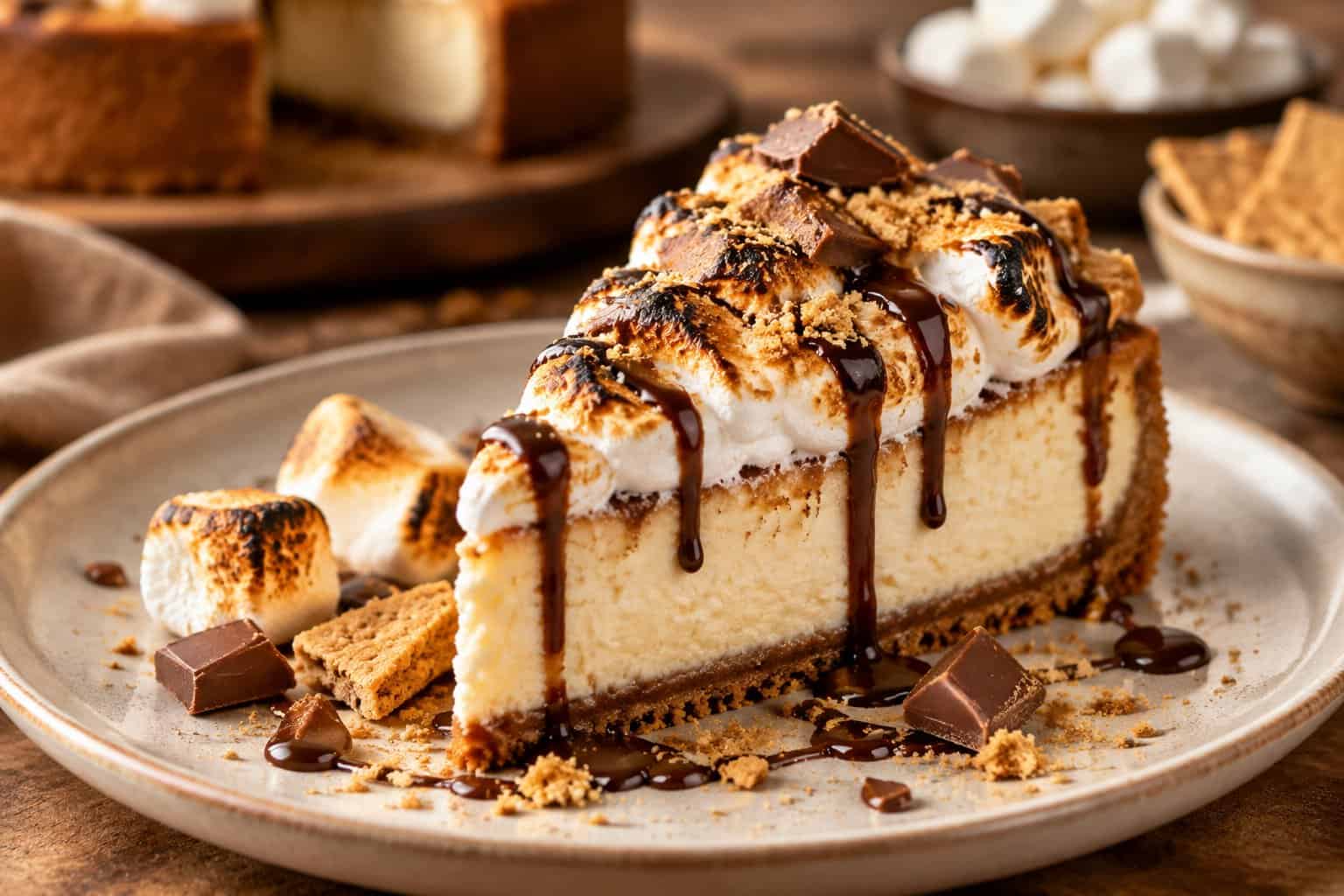 A slice of cheesecake topped with toasted marshmallow, chocolate drizzle, graham cracker crumbs, and chocolate pieces.
