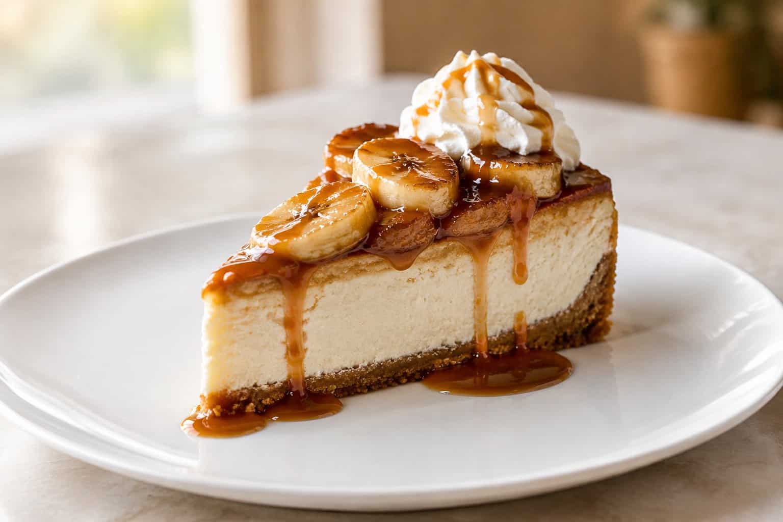 A slice of cheesecake topped with caramelized bananas, caramel sauce, and whipped cream on a white plate.