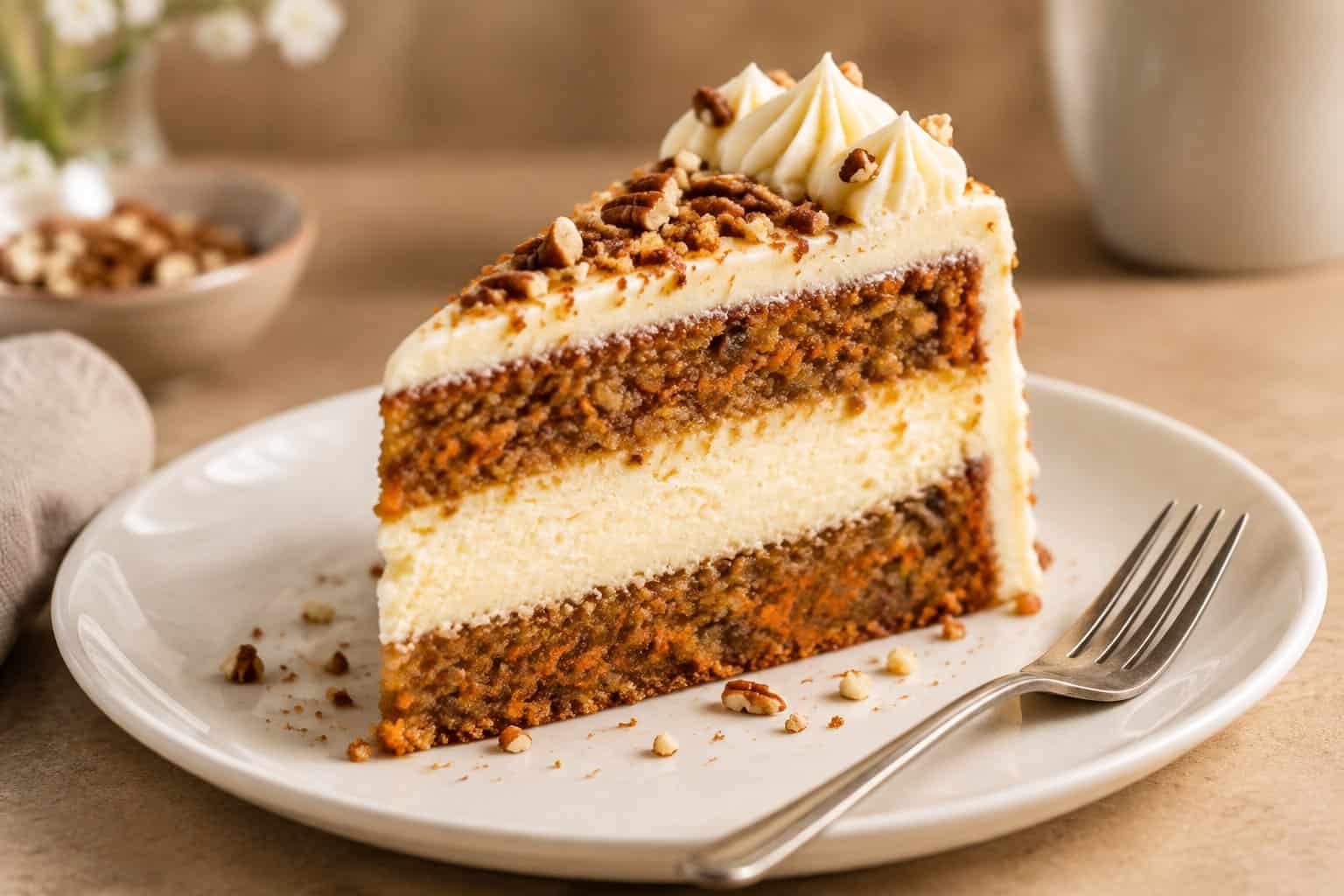 A slice of layered carrot cake cheesecake topped with cream cheese frosting and chopped pecans on a white plate.