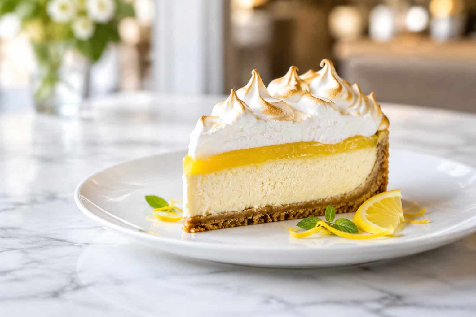 A slice of lemon meringue cheesecake with toasted meringue peaks on a white dessert plate.