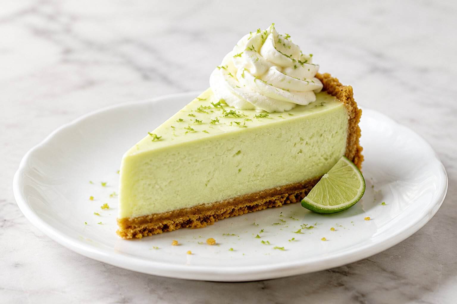 A slice of pale green key lime cheesecake with whipped cream and lime zest on a white plate.