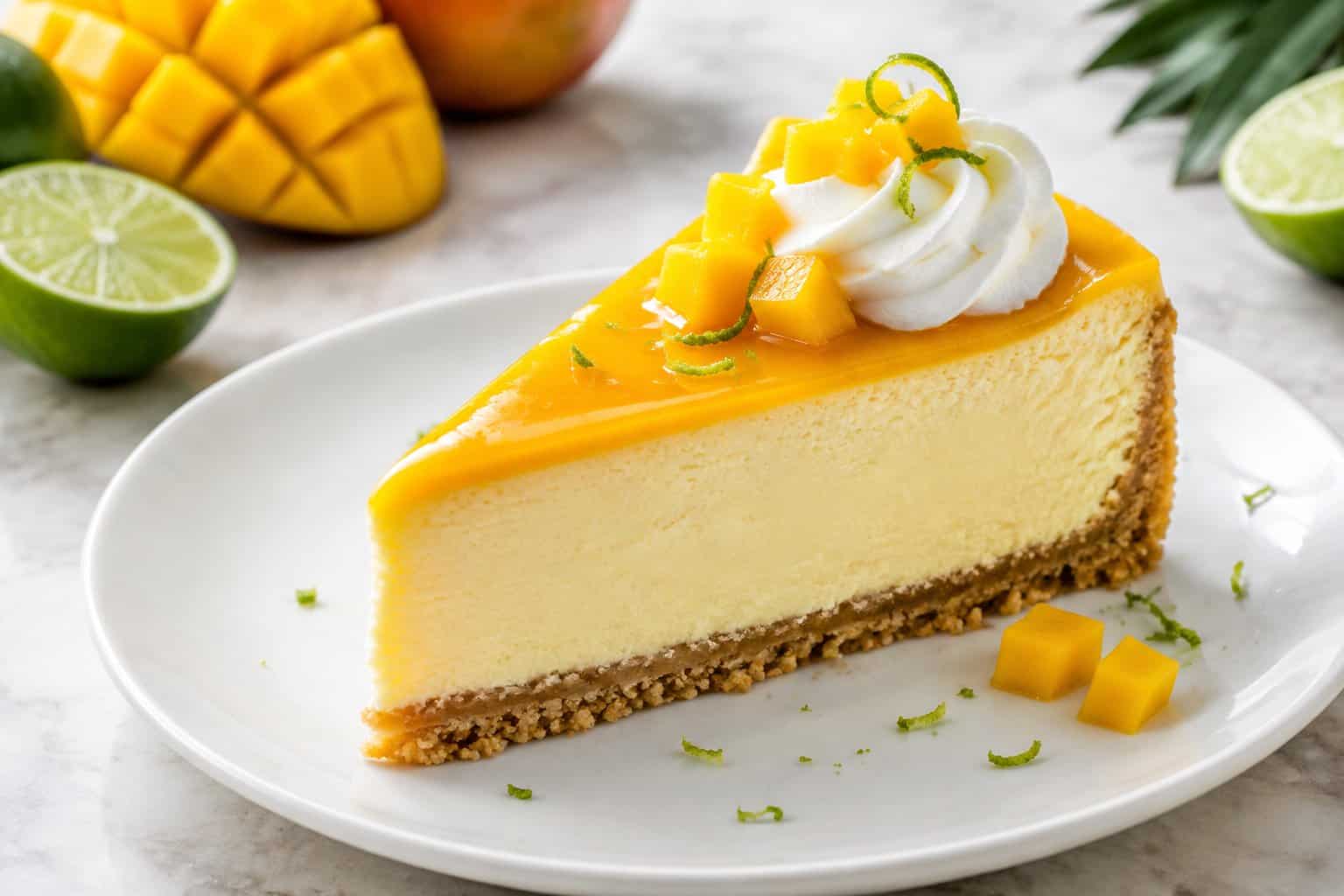 A slice of mango key lime cheesecake with mango topping, whipped cream, and lime garnish on a white plate.