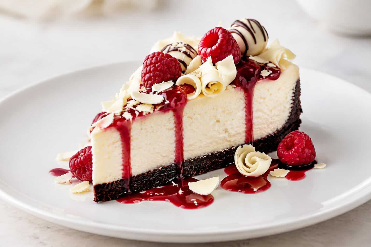 A slice of white chocolate raspberry truffle cheesecake topped with raspberries, chocolate curls, and raspberry sauce on a white plate.