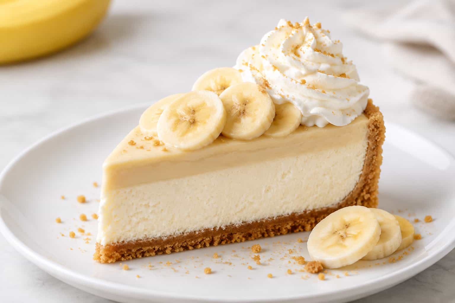 A slice of banana cream cheesecake topped with banana slices and whipped cream on a white plate.