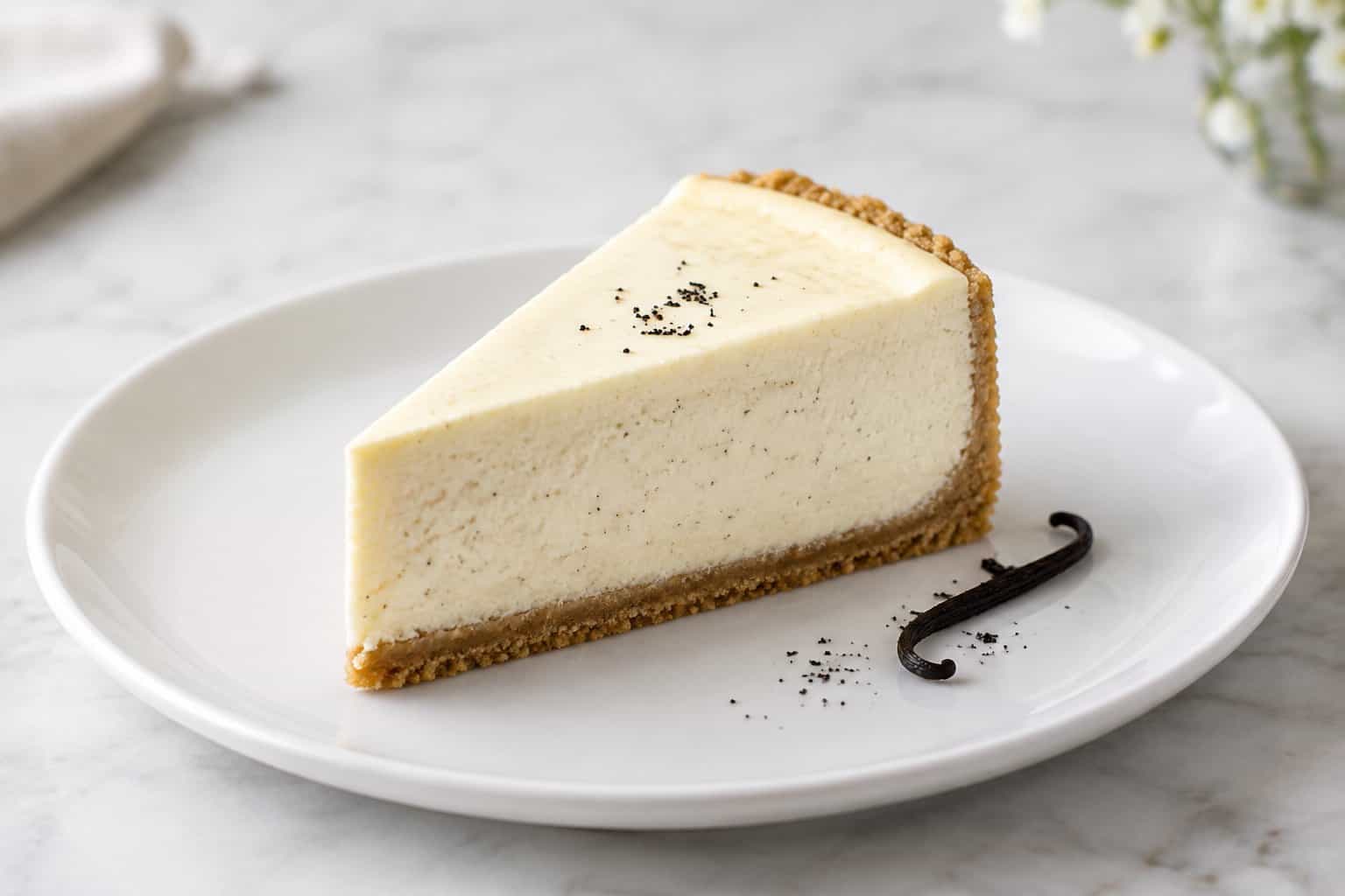 A slice of vanilla bean cheesecake with a golden crust on a white plate.