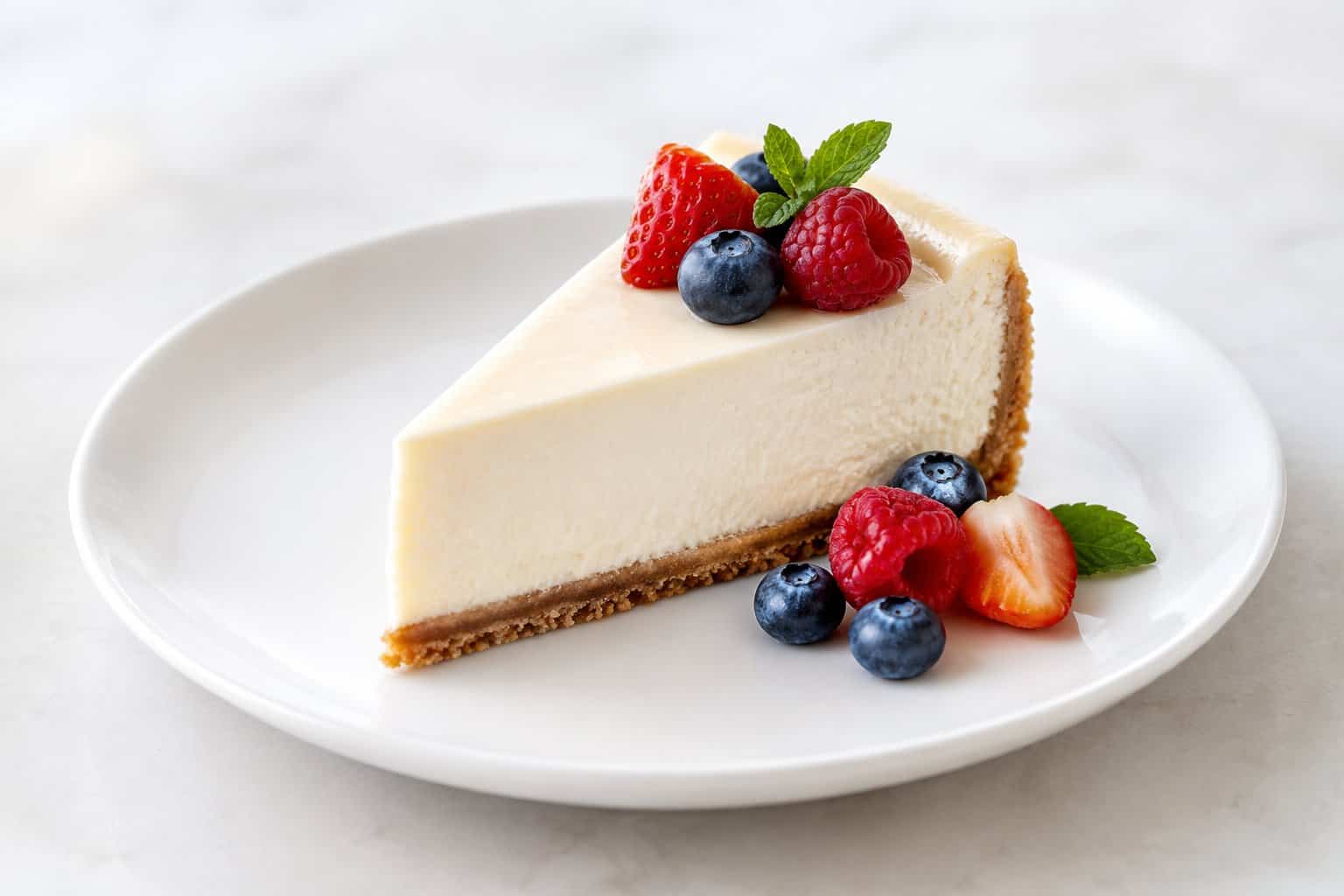 A slice of creamy cheesecake with a golden crust on a white plate, garnished with berries and mint.