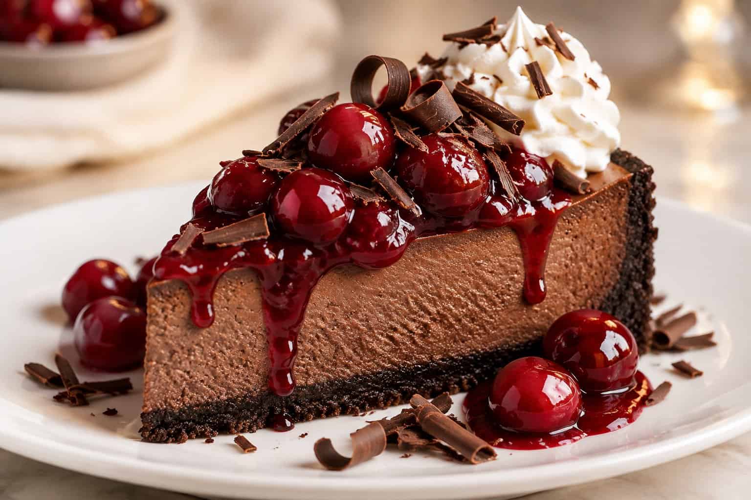 A slice of chocolate cheesecake topped with glossy cherry sauce, fresh cherries, chocolate shavings, and whipped cream on a white plate.