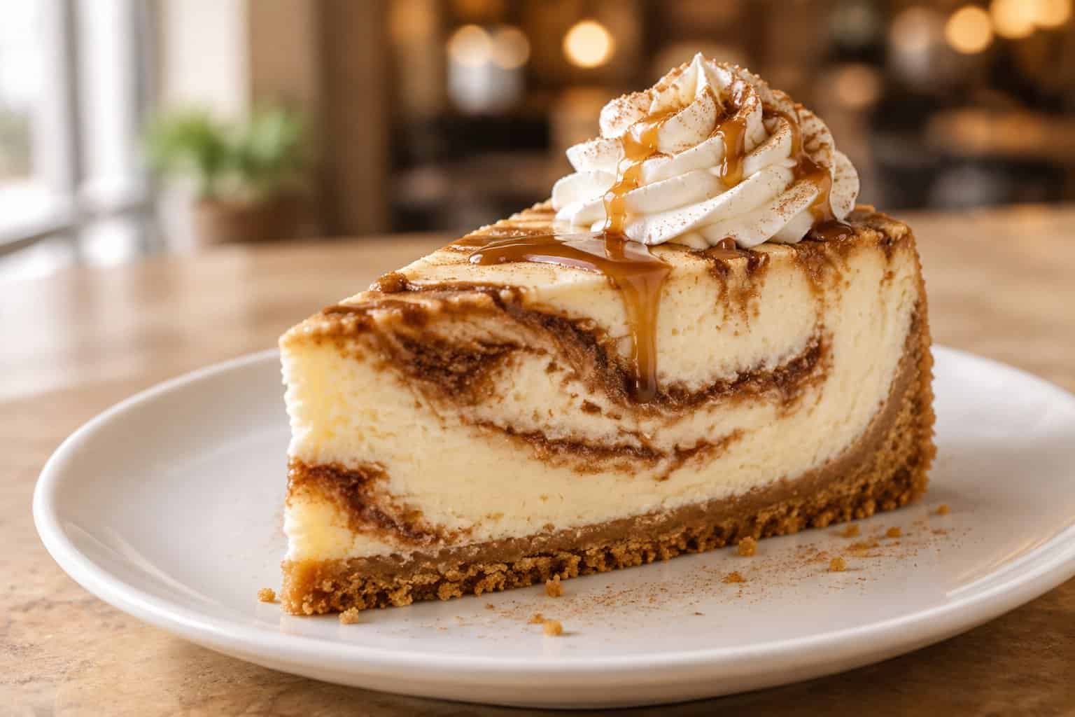 A slice of cinnamon swirl cheesecake with whipped cream and caramel drizzle on a white plate.