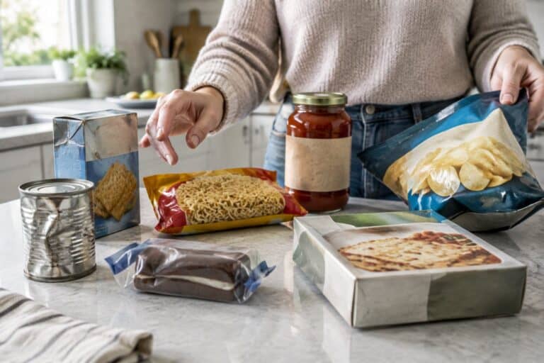 A shopper examines assorted packaged foods on a kitchen counter.