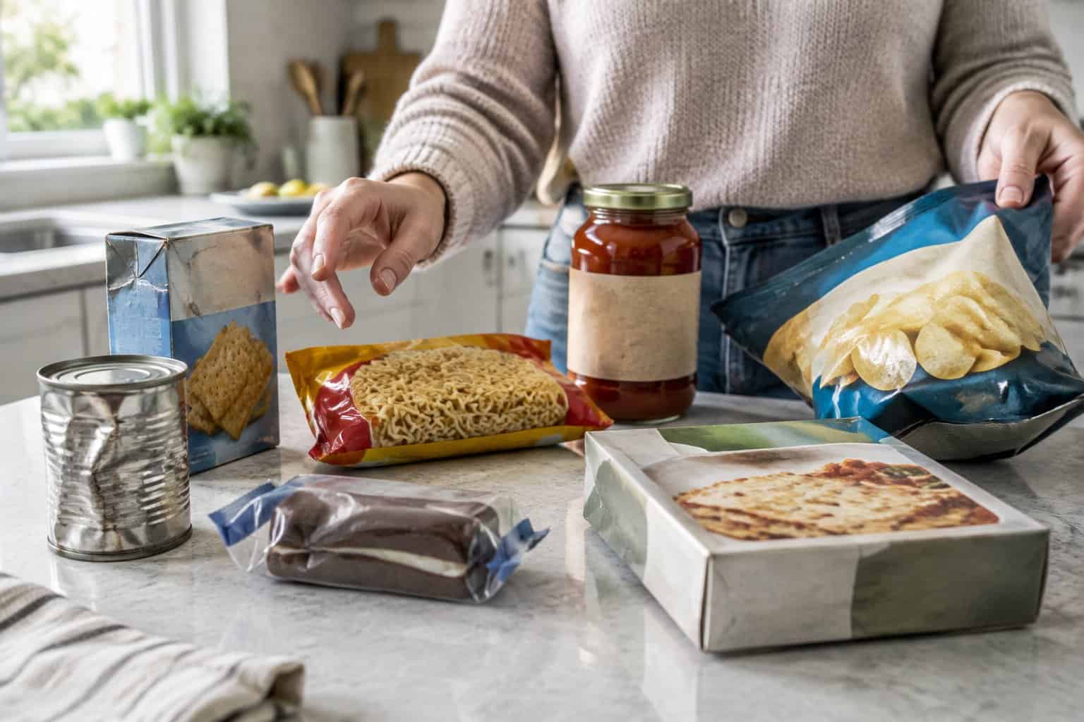 A shopper examines assorted packaged foods on a kitchen counter.