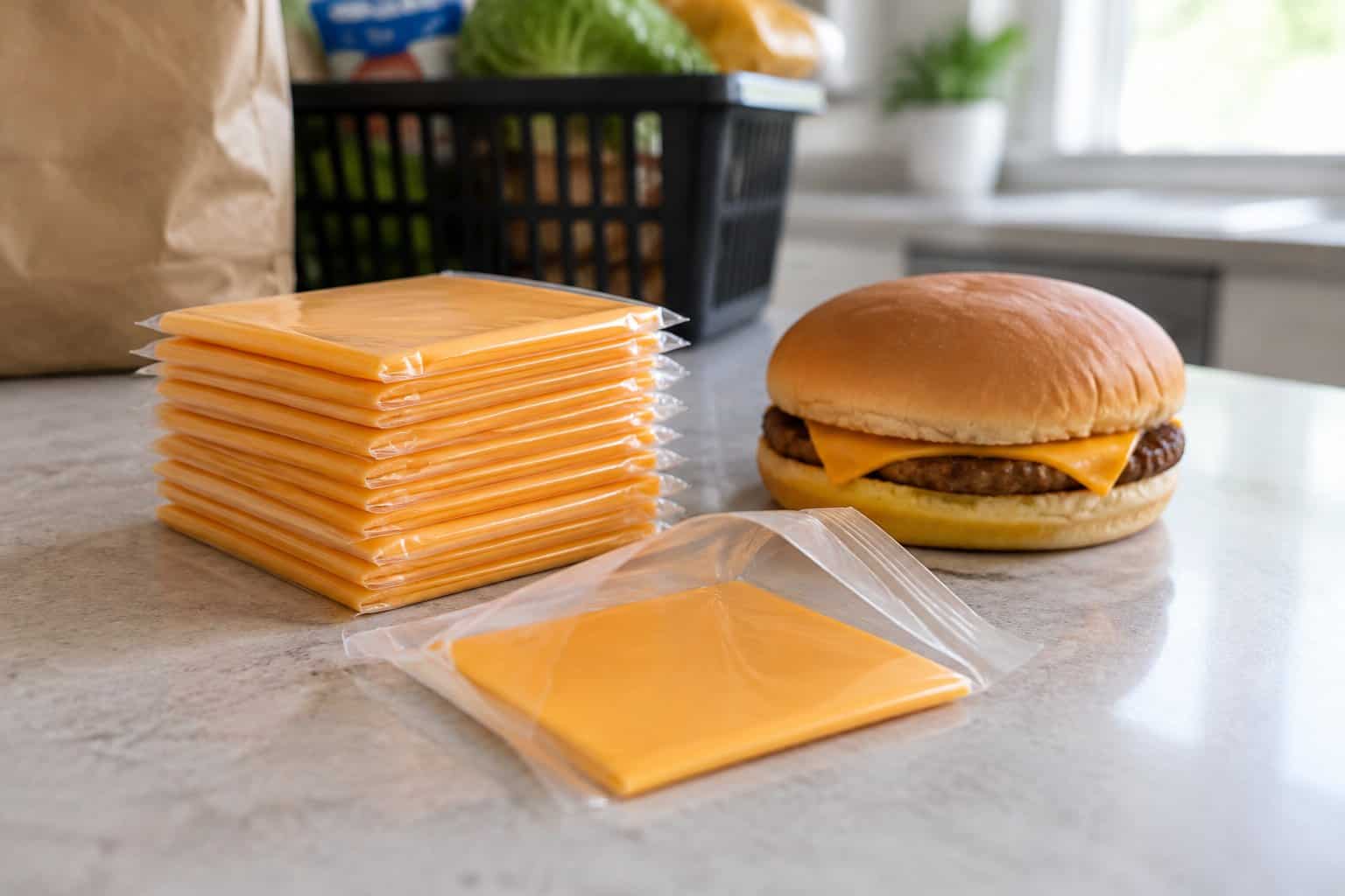 A stack of orange cheese slices beside an unwrapped cheeseburger on a kitchen counter.