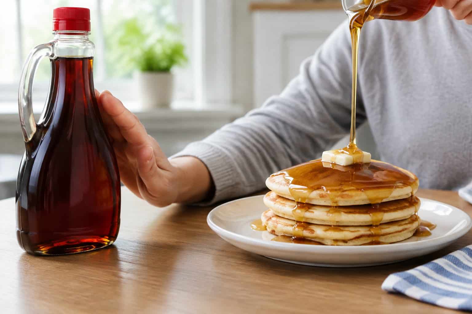 A bottle of pancake syrup beside a stack of pancakes on a kitchen table.