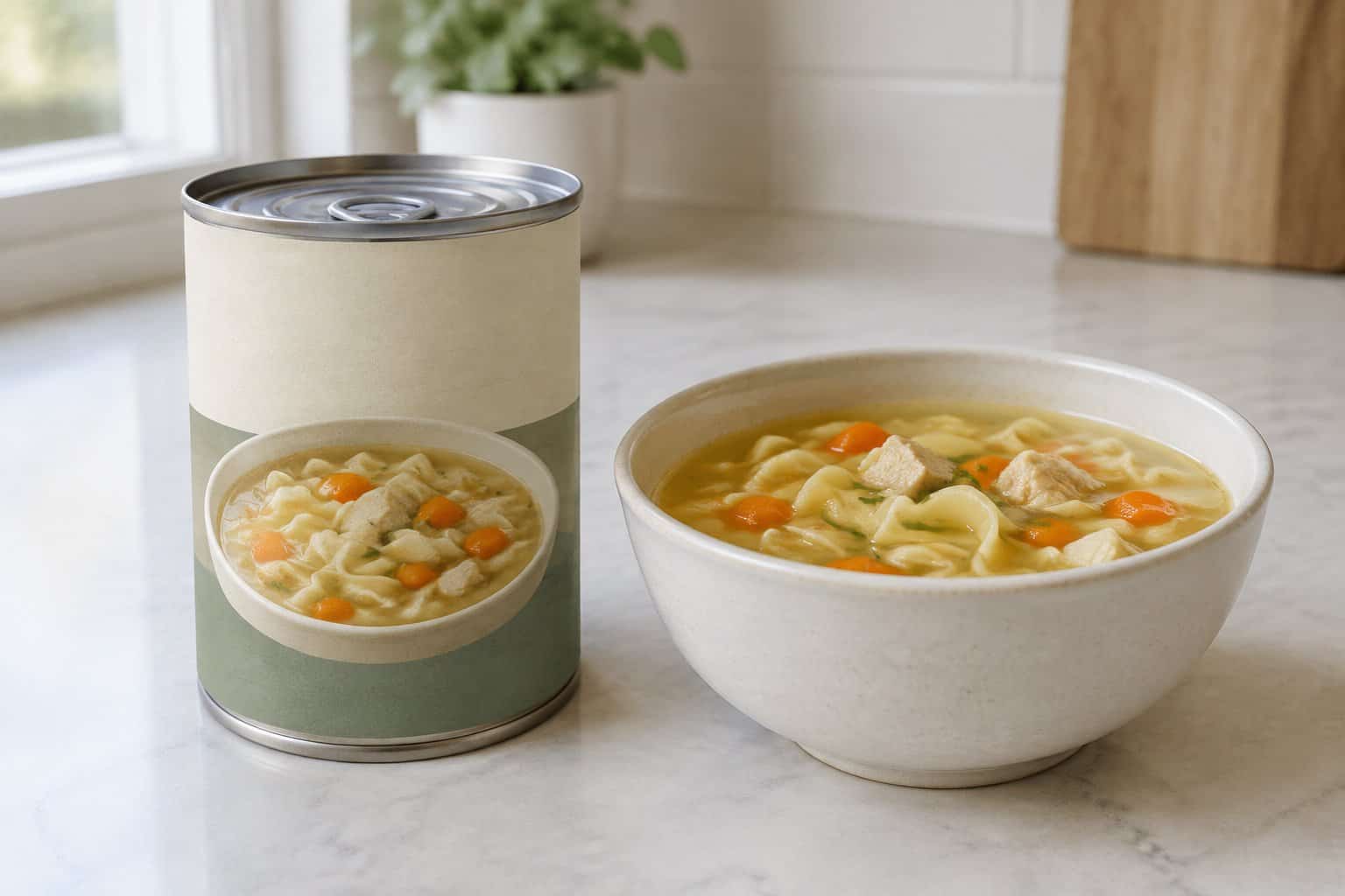 A can of chicken noodle soup beside a bowl of soup on a kitchen counter.