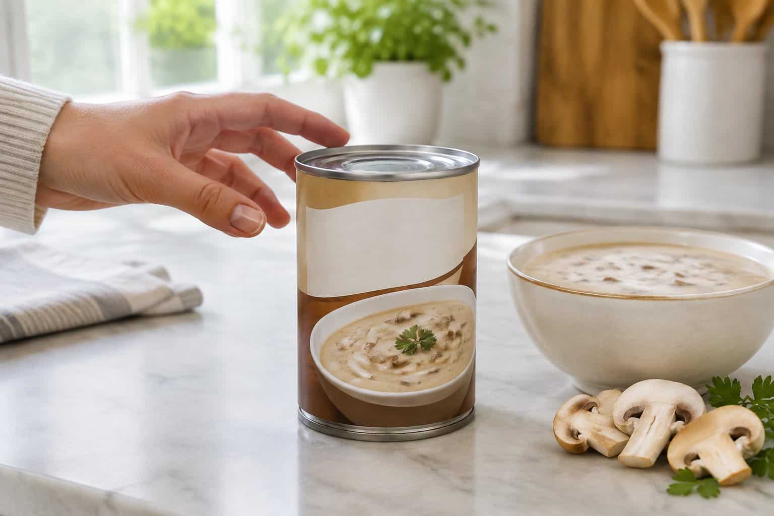 A can of cream of mushroom soup beside a bowl of soup and sliced mushrooms on a kitchen counter.