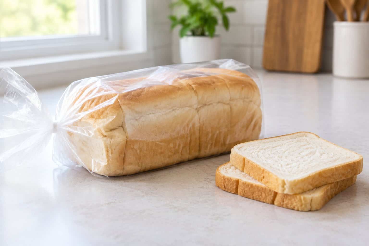 A loaf of white sandwich bread in a plastic bag beside several slices on a kitchen counter.