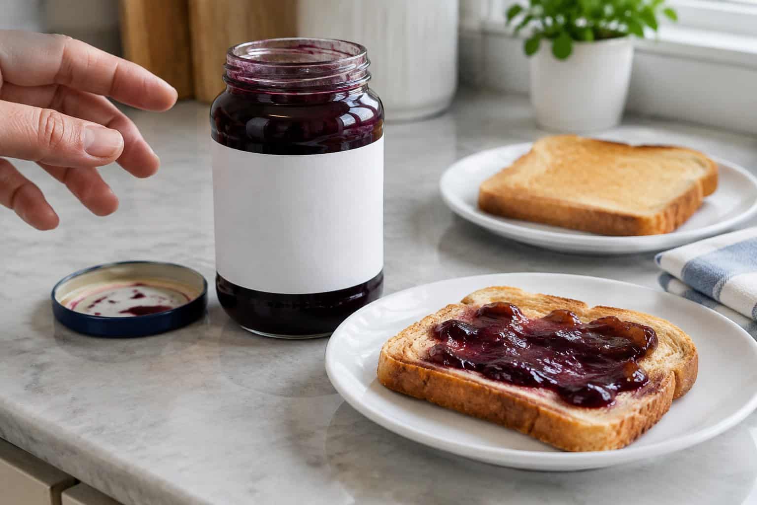 A jar of grape jelly sits beside toast on a kitchen counter.