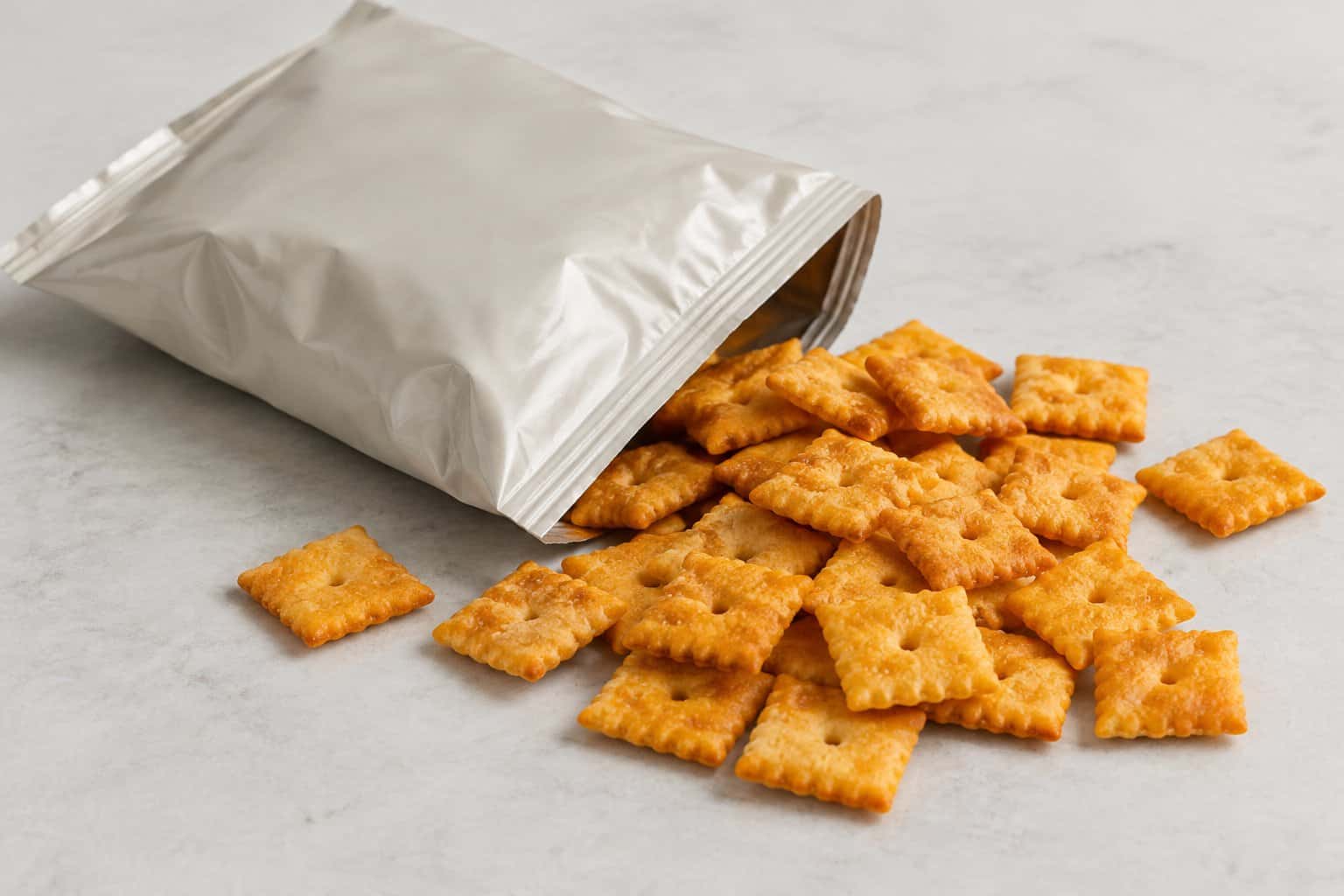 Golden square cheese crackers scattered beside a plain snack package.