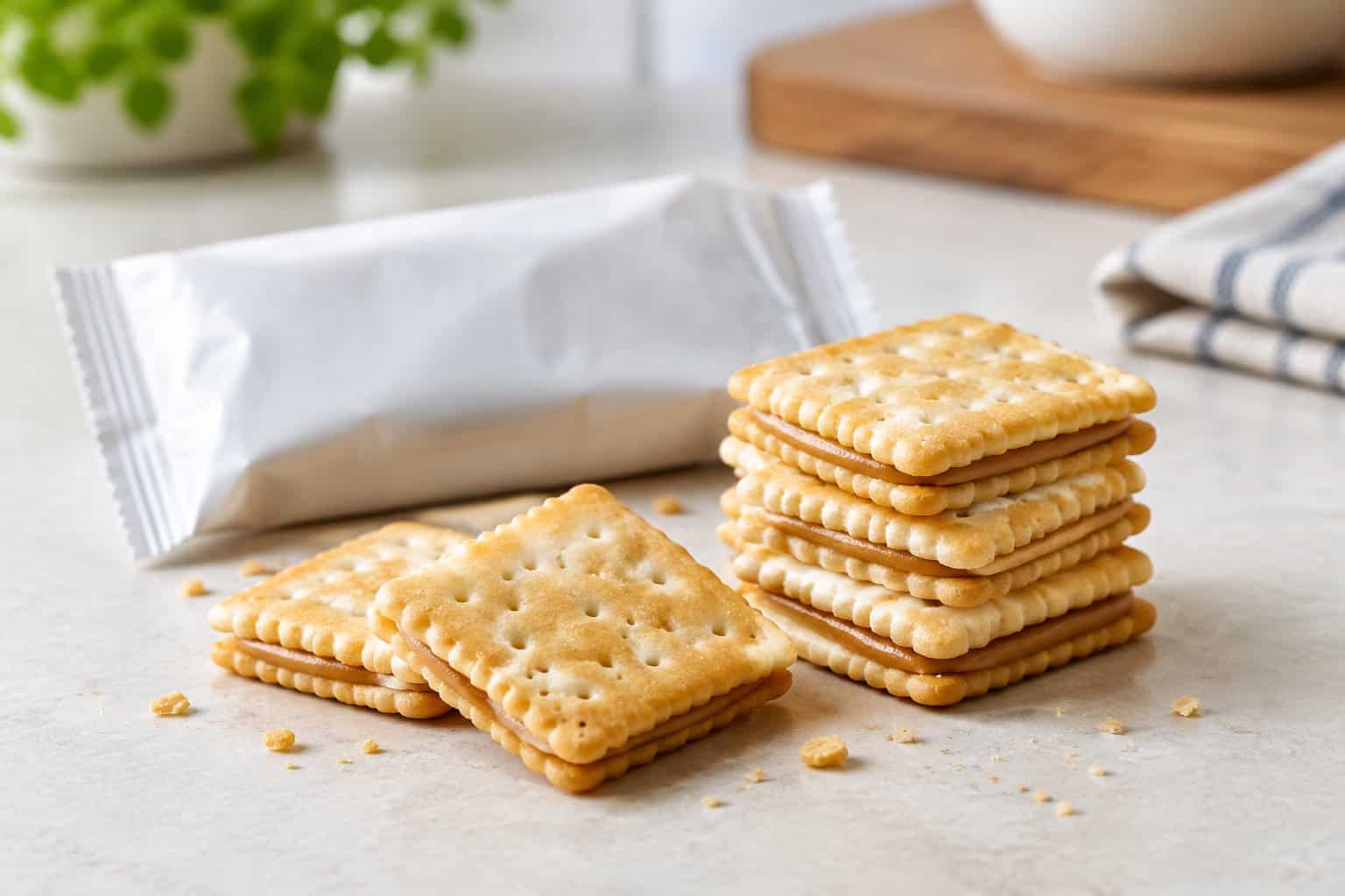 A stack of peanut butter sandwich crackers beside a plain snack wrapper.