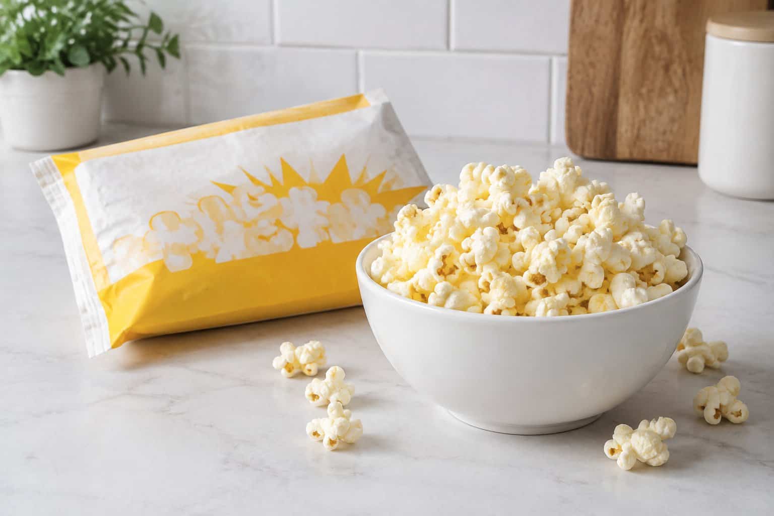 A microwave popcorn bag beside a bowl of popped popcorn on a kitchen counter.