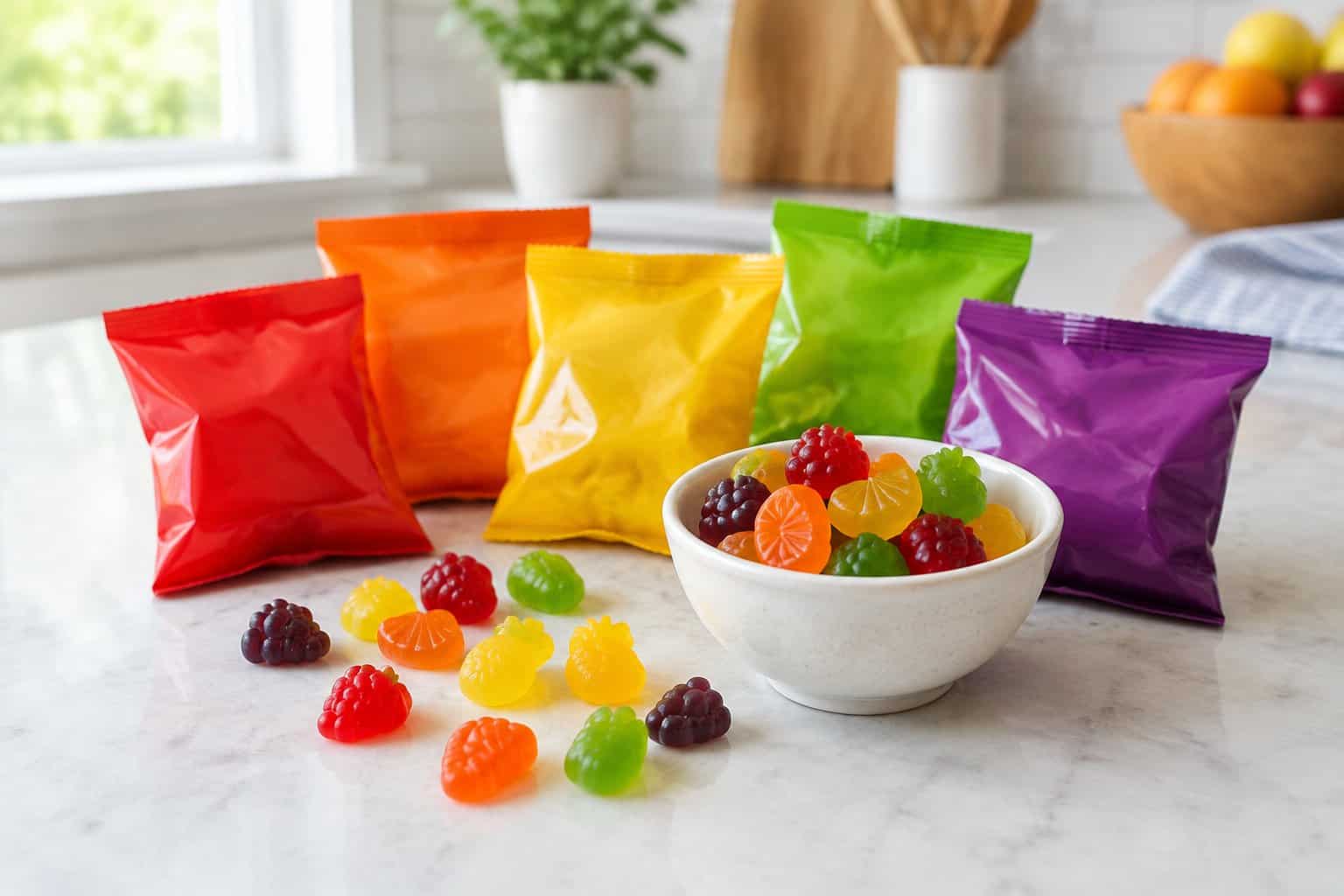 A bowl of colorful fruit-shaped snacks beside several snack pouches on a kitchen counter.