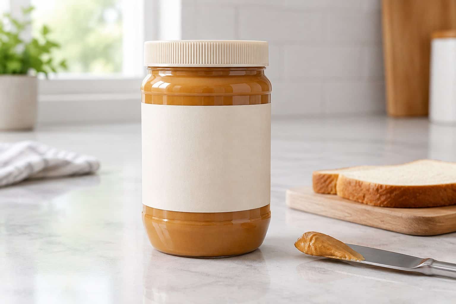 A jar of creamy peanut butter sits on a kitchen counter beside bread and a butter knife.