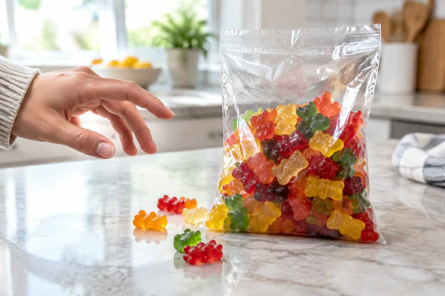 A hand reaches toward a bag of colorful gummy bears on a kitchen counter.