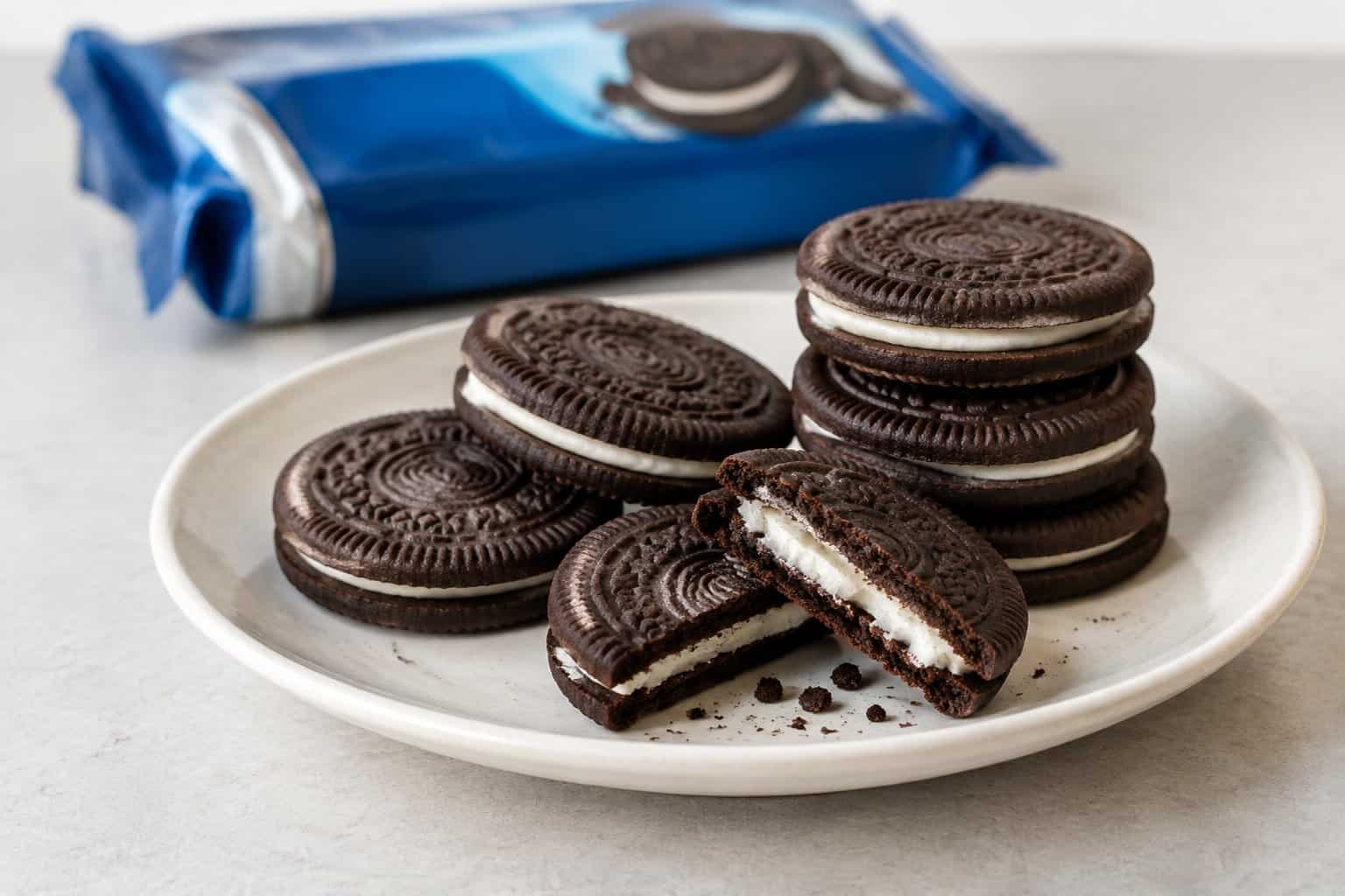 Chocolate sandwich cookies arranged on a plate, with one broken open.