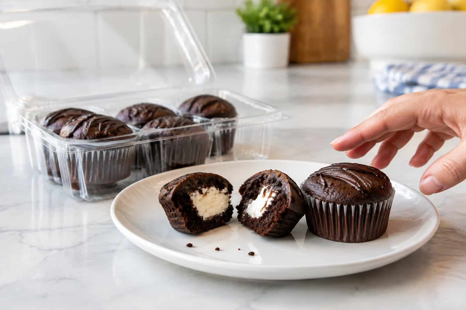 Chocolate cupcakes with white creme filling sit beside an opened package on a kitchen counter.