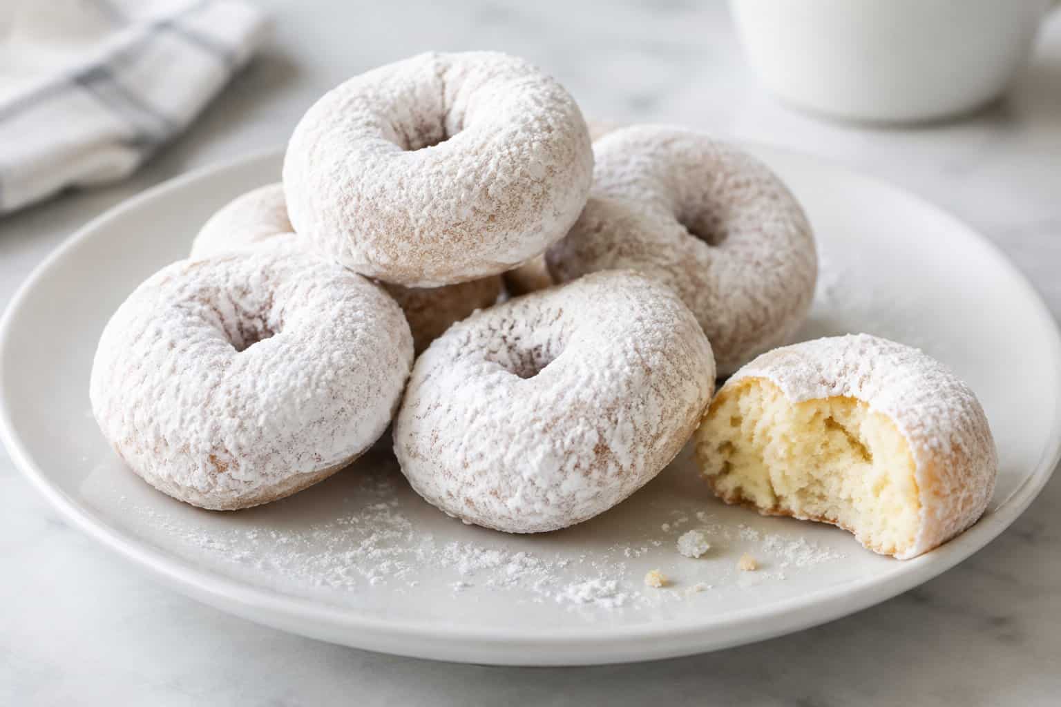 Powdered mini donuts arranged on a white plate.